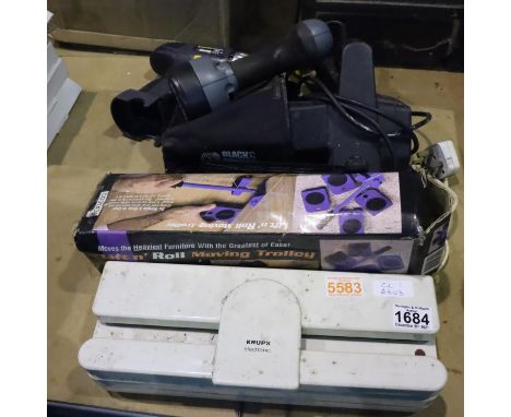 Black and Decker electric plane, two battery drills, laser level and Krups plastic bag seater etc. Not available for in-house