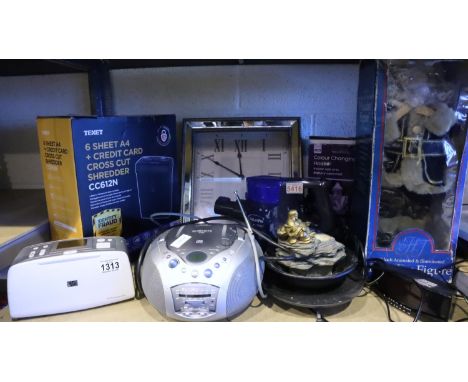 Shelf of mixed electrical items including clocks. Not available for in-house P&P, contact Paul O'Hea at Mailboxes on 01925 65