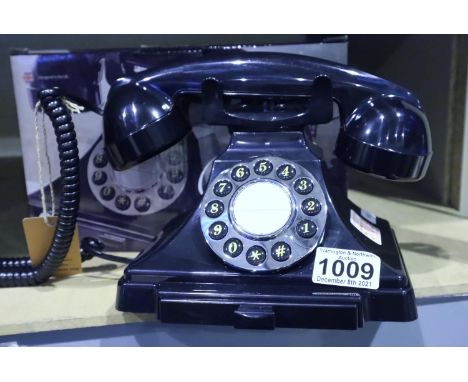 Black, GPO Carrington push button telephone in 1920s styling with pull-out pad tray; compatible with modern telephone banking
