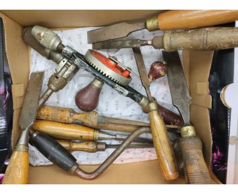 Box of vintage chisels, a hand drill etc. Not available for in-house P&amp;P, contact Paul O'Hea at Mailboxes on 01925 659133