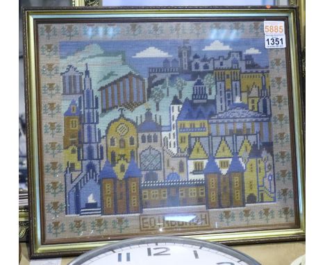 Framed and glazed tapestry depicting Edinburgh. Not available for in-house P&amp;P, contact Paul O'Hea at Mailboxes on 01925 