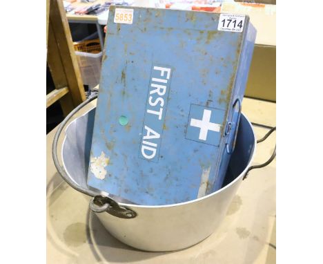 Metal handled bucket with a metal vintage first aid box. Not available for in-house P&amp;P, contact Paul O'Hea at Mailboxes 