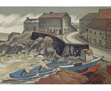 Clifford Cyril Webb (British, 1895-1972), Craster, Northumberland, colour linocut print, limited edition 17/30, signed and in