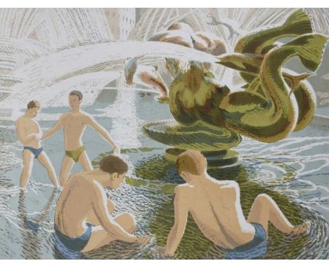 Clifford Cyril Webb (British, 1895-1972), London fountain scene with bathers, colour linocut print, unframed, approx 16x22ins