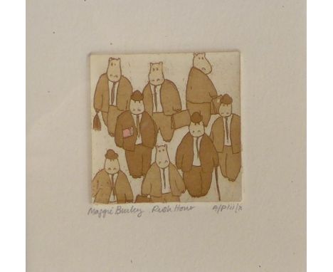 A signed Maggi Burley limited edition etching, Rush Hour, framed