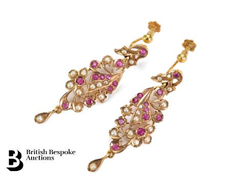 Pair of 14ct yellow gold ruby and pearl floral drop earrings, approx. 50mm x 15mm, screw back fitting, approx 10.7 gms.&nbsp;