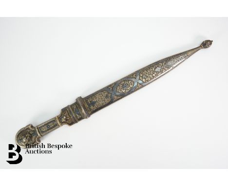 Ottoman silver and niello mounted kindjal (dagger), 19th century. The dagger having a pointed double edged blade with central