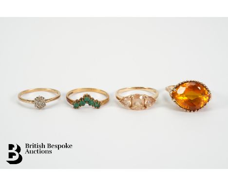 14ct gold semi precious ring, set with an oval stones 6 x 5mm and flanked by two triangular cut stones 5 x 5mm, size L, appro