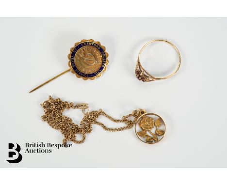 9ct gold garnet ring, size T, together with a 9ct gold floral pendant on 9ct gold chain approx. 38cms, and a 9ct gold Crawfor