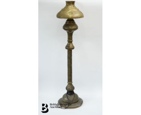 Pierced brass standard lamp, likely Syrian, with openwork brass shade in the Mameluke style with Arabic calligraphy, approx 1