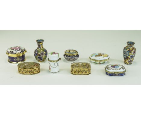 Collection Of Small Trinket/Pill Boxes In Gilt Metal And Porcelain Together With Two Small Cloisonne Vases