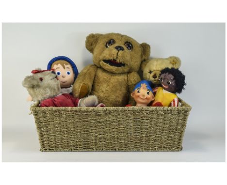 Basket Containing A Collection Of 1970/80's Soft Toys. To Include A Steiff Teddy Bear, Andy Pandy, Mollie Teddy Bear etc