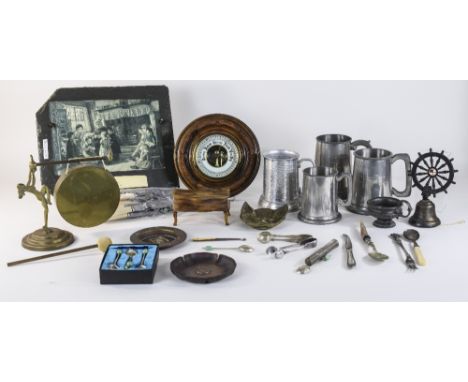 Mixed Lot Of Metal Ware And Collectables, Comprising Pewter Tankards, Flatware, Bakerlight Trinket Box, Walnut Barometer, Tab