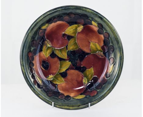 William Moorcroft Tube lined Shallow Bowl - Ochre Pomegranate Design. Date 1914. 8.75 Inches Diameter, Light Crazing to Under