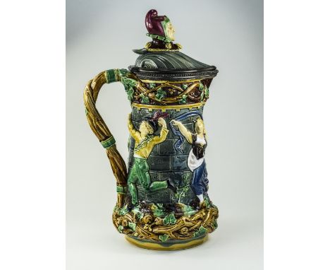 Minton - Majolica Large Lidded ( Jester ) Tower Jug, with Moulded Dancing Figures, The Shell Shaped Lid, with Jesters Head Fi