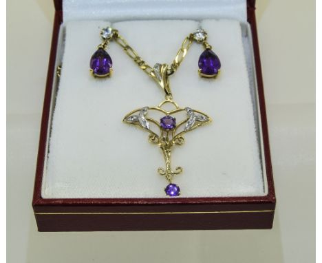 9ct Gold Art Nouveau Style Openwork Pendant Set With A Central Amethyst And Drop And Diamond Chips, Suspended On A 9ct Gold C