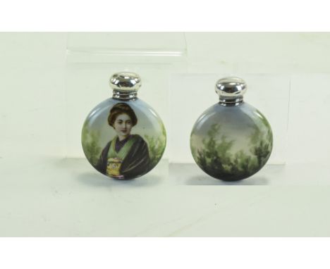 Small Edwardian Ceramic Scent Bottle With Silver Hallmarked Cap For Birmingham e 1904, Flat Circular Bottle With Painted Orie