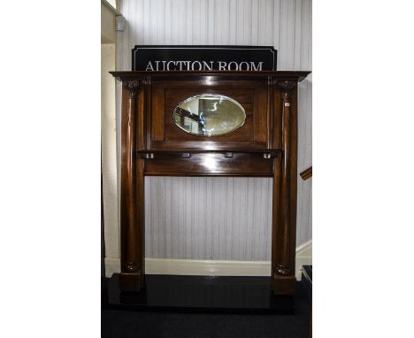 1930's Mahogany Fire Surround Dental Moulded Frieze With Oval Mirror Above The Mantel Shelf Set Between Two Corinthian Column