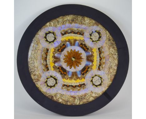 Brazilian Vintage and Impressive Butterfly Wings, Decorated Circular Wall Plaque, Framed. c.1930's. 22.5 Inches Diameter. 