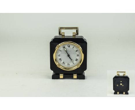 A Fine Quality Contemporary Cartier Desk Clock, Black Onyx and Gold Tone Style with Alarm Clock. Date 1990. Quartz Movement, 