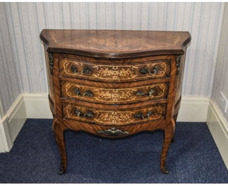 A Louis XV Style Kingwood and Ormolu Mounted Serpentine Front Bombe Commode, Inlaid with Marquerty Stylised Decoration To Top