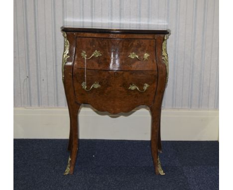 A Louis XV Style Kingwood Walnut Veneered and Ormolu Mounted Bombe Petite Commode, with Rococo Handle Pulls and Trailing Cabo