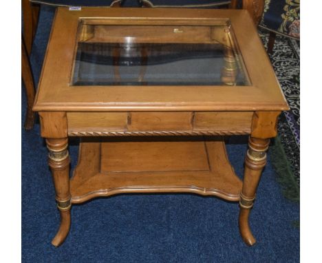 20thC Occasional Table, Glass Insert Top, Raised On Turned Supports With Shelf
