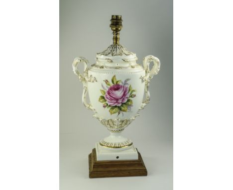 Royal Worcester Hand Painted and Signed Twin Handle Urn Shaped Lamp Base ' Pink Roses ' Signed E. Townsand, on White Ground w