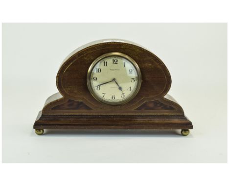 Edwardian Inlaid Shaped Mantle Clock, Dial Marked Mappin And Webb London, Raised On Brass Globular Feet