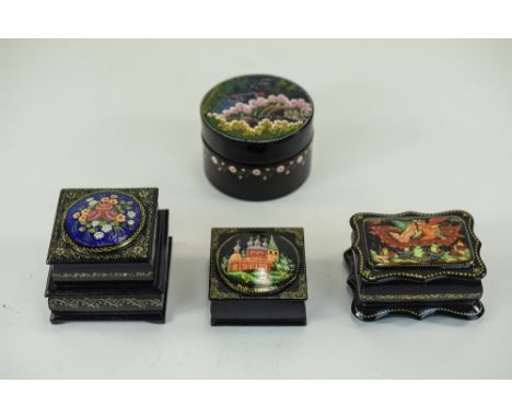 Russian Vintage Signed And Hand Painted Lacquered Boxes, 4 In Total. Various Shapes, Sizes And Subjects. All Boxes Are In Exc