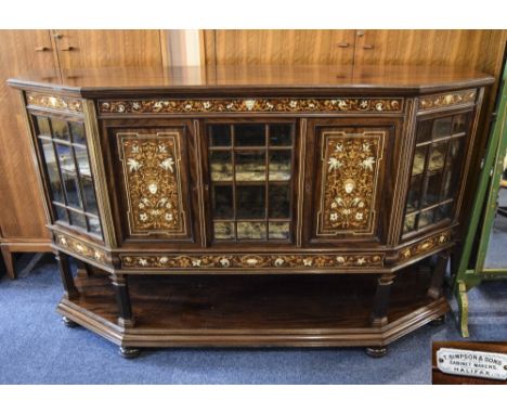 Edwardian Mahogany Inlaid Side Cabinet The Front With Alternating Glazed And Panelled Doors With Silk Lined Interior Raised O