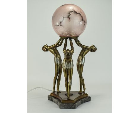 Art Deco Bronzed Spelter Table Lamp, Depicting Three Semi Clad Dancers, Leaning Back With Raised Arms Holding A Pink Glass Ma