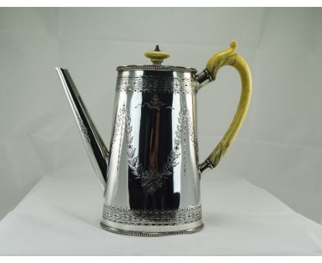 Victorian Tall and Impressive Silver Coffee Pot with Bright cut Engraved Floral Decoration to Body and Fine Etched and Beaded