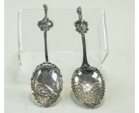 German Export Hanau Embossed Silver Caddy Spoon, Fully Hallmarked For Berthold Muller 1905, Length 5¾ Inches. Together With O