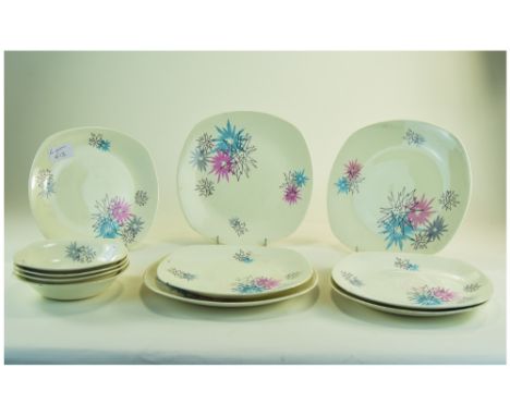 Midwinter Quite Contrary Pattern 12 Piece Fruit Set, A Jessie Tate Design from 1957.  4 x 9" Plates, 4 x 8" Plates, 4 x Fruit