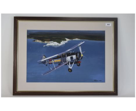 R Wells Framed And Glazed Watercolour Depicting A Bi-Plane Signed And Dated Bottom Right 14 x 21 Inches