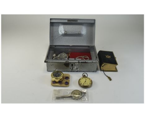 Small Metal Cash Box Containing A Mixed Lot Of Oddments And Collectables, Comprising Open Faced Pocket Watch, Map Measure, Co
