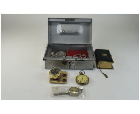 Small Metal Cash Box Containing A Mixed Lot Of Oddments And Collectables, Comprising Open Faced Pocket Watch, Map Measure, Co