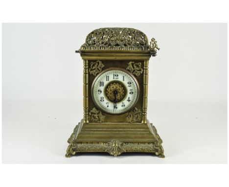 French - Early 20th Century Impressive and Decorative Brass Cased Mantel Clock with 8 Day Movement with Porcelain Dial, Ornat