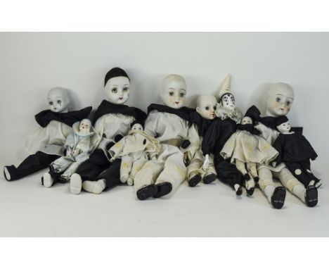 Vintage - French Pierrot Harlequin Dolls ( 10 ) In Total. c.1960's, with Porcelain Heads, Hands and Feet. The Flexible Soft B