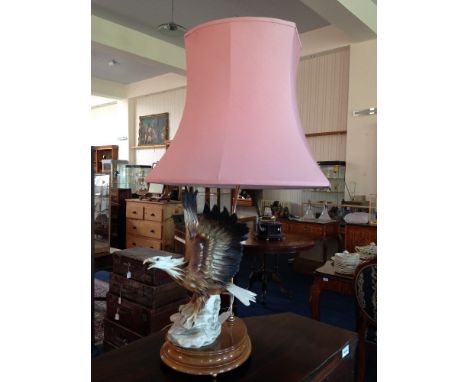 Italian Table Lamp (Albany), Circular Wooden Base Mounted With A Pottery Outstretched Bird Of Prey On A Rocky Base, Impressed