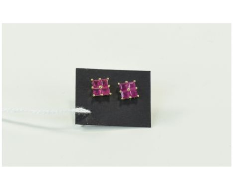 Ruby Square Stud Earrings, 2cts of rubies of good colour, closely set in squares, in gold vermeil and silver, with central po