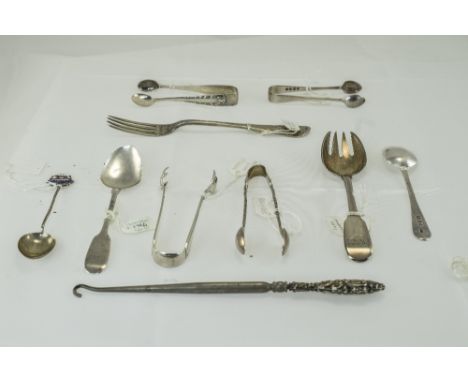 Small Mixed Lot Comprising Silver Teaspoons Including George III 1796, London 1845, 1797, Sugar Nips, Souvenir Spoon With Ena