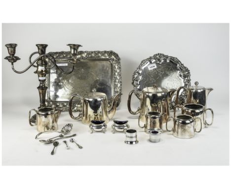 Mixed Lot Of Silver Plate, Comprising Three Light Candelabrum, Serving Tray, Teaset etc