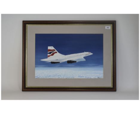 R Wells Framed And Glazed Watercolour Depicting A Concorde Signed And Dated Bottom Right 13 x 20 Inches