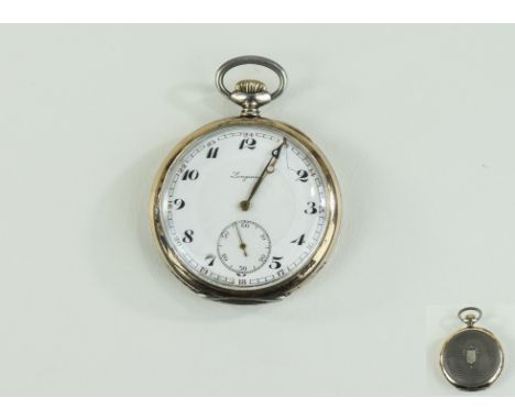 Longines - 1920's Open Faced Pocket Watch. Features White Porcelain Dial, Slight Damage to Clock, Brushed Gold Bezel, 15 Rubi