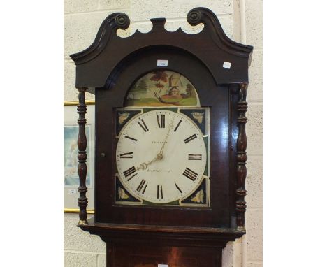 Thos Snow, Knaresborough, a 19th century oak and mahogany banded longcase clock with painted dial and rope-driven movement, 2