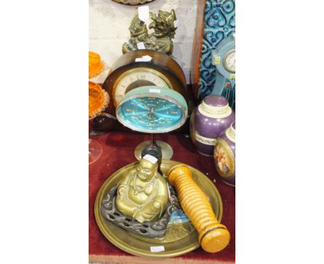 A pair of brass "Punch and Judy" door stops, 28cm high, an oak cased mantel clock, a retro Samsung Royal no 5 blue and silver