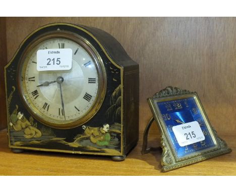 A chinoiserie cased mantel timepiece decorated with figures and buildings, the movement stamped 'Made in France', 14cm high a