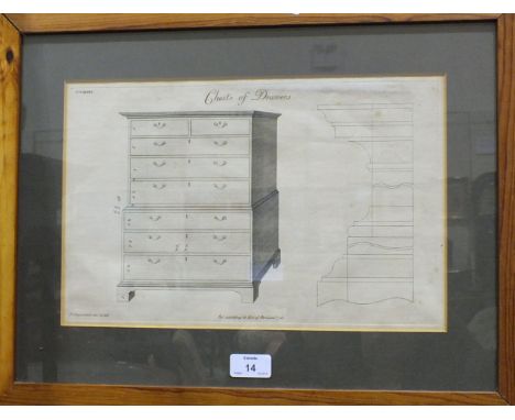 After Thomas Chippendale, 'Chairs, plate no.15' M.Darly Sculp, 23.5 x 36cm and another engraving, 'Chests of Drawers, plate n